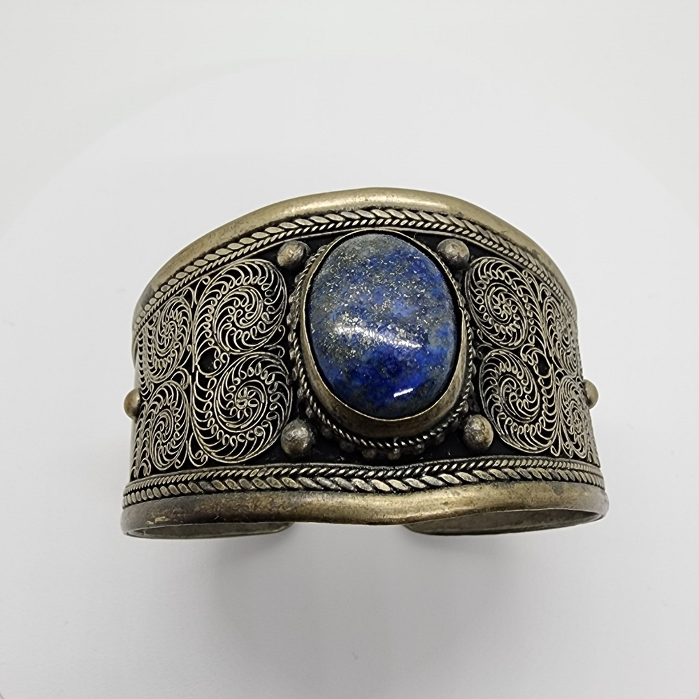 Vintage Lapis Lazuli Stone Old Brass  Decorative Cuff Bracelet - Picture 6 of 14